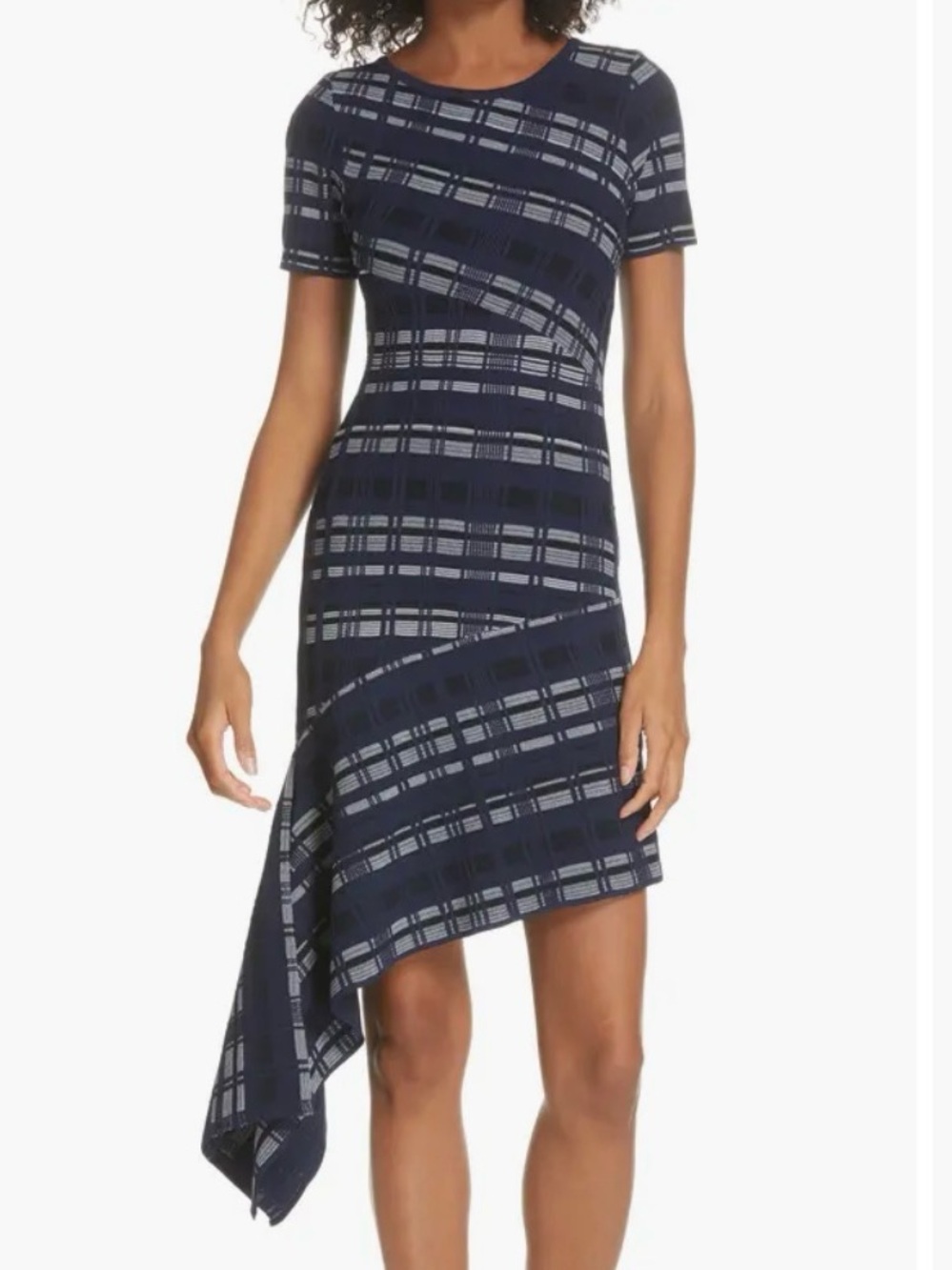 MILLY Directional Plaid Knit Bodycon Hi-Low Dress Women's Size XS Side Flounce